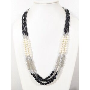 Long Layered Black White Beaded Necklace 34" Glass Acrylic Multi Strand